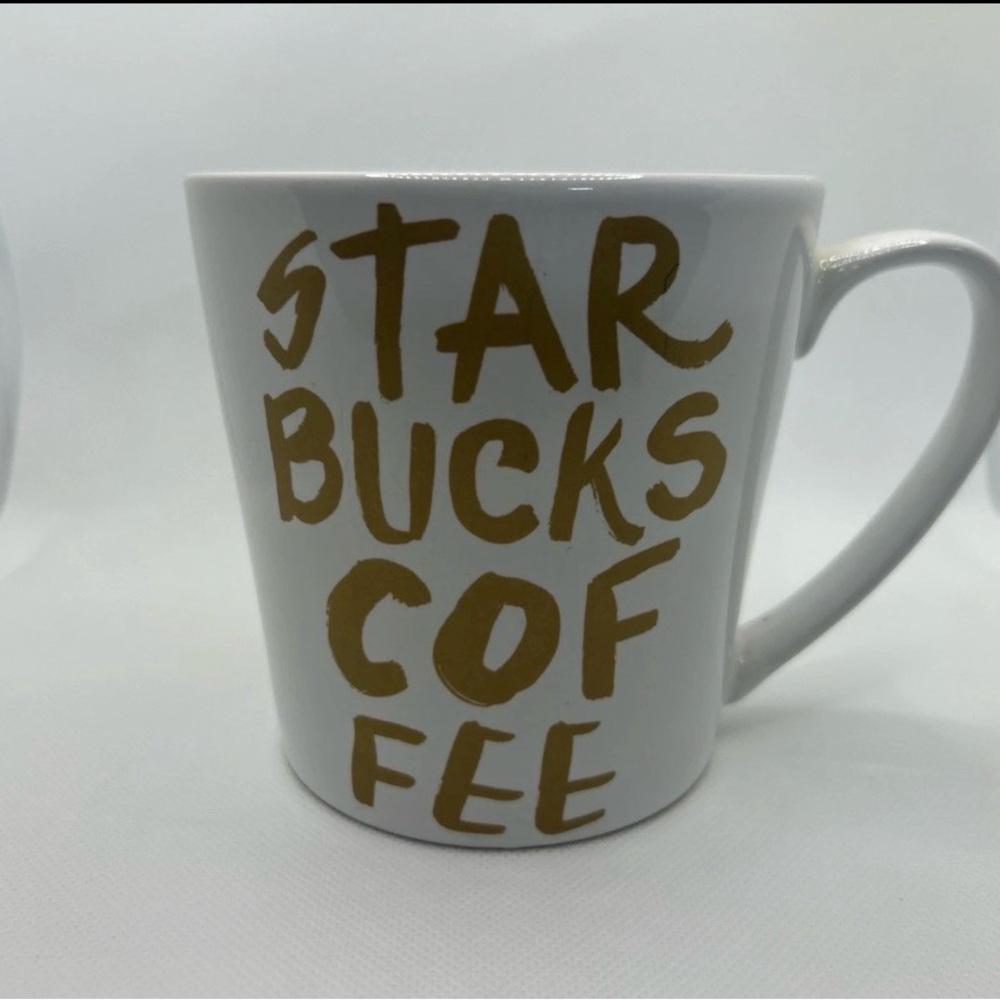 ☆Starbucks Coffee Mug Graffiti White w/ Gold Letters 2015 14.2 oz Microwave Safe